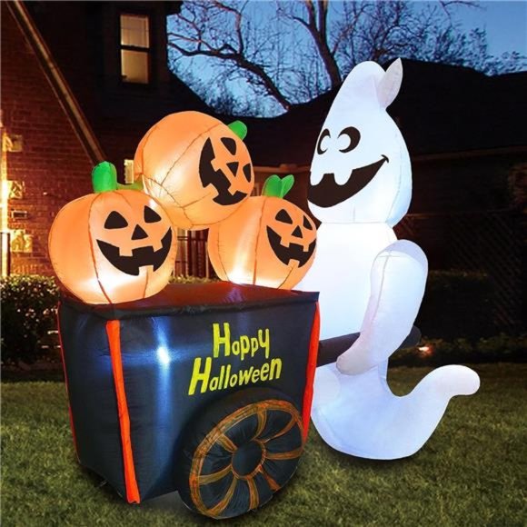 6 FT Halloween Inflatable Ghost Pushing Pumpkin Cart with Build-in LEDs Blow Up